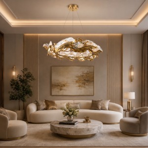 Artemis Luxe Gold Leaf Lüks Gold Salon Avizesi – Organik Yaprak Tasarım